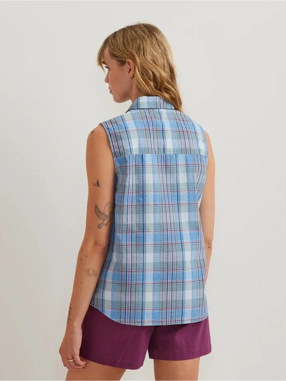 Eddie Bauer Women's Mountain Sleeveless Shirt Ocean Plaid Size XL Tall - Picture 10 of 12